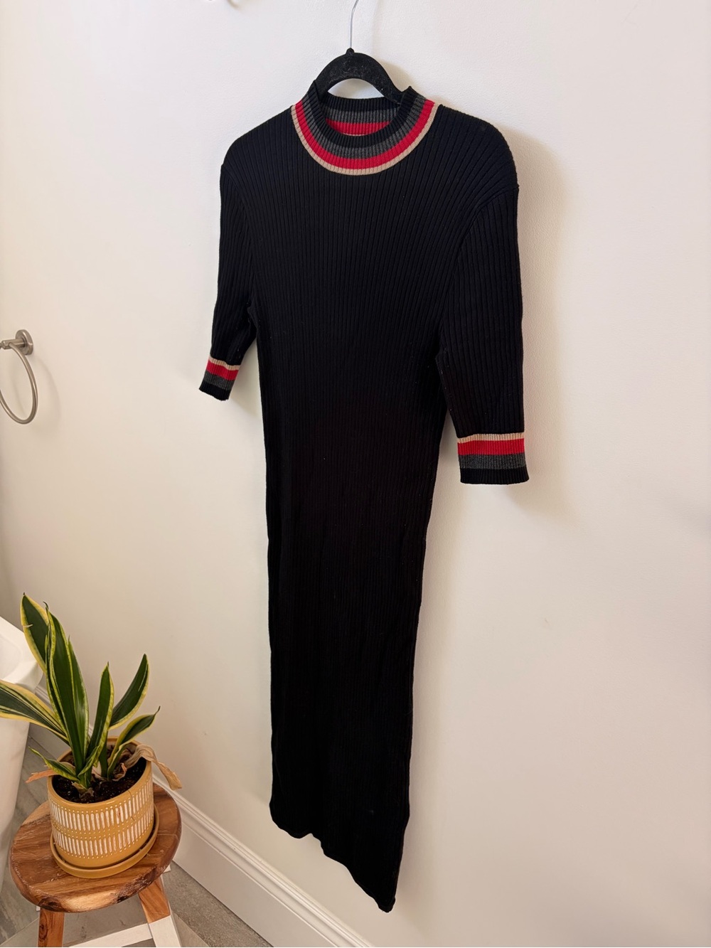 Black Ribbed Knit Midi Dress with Red Stripe Trim